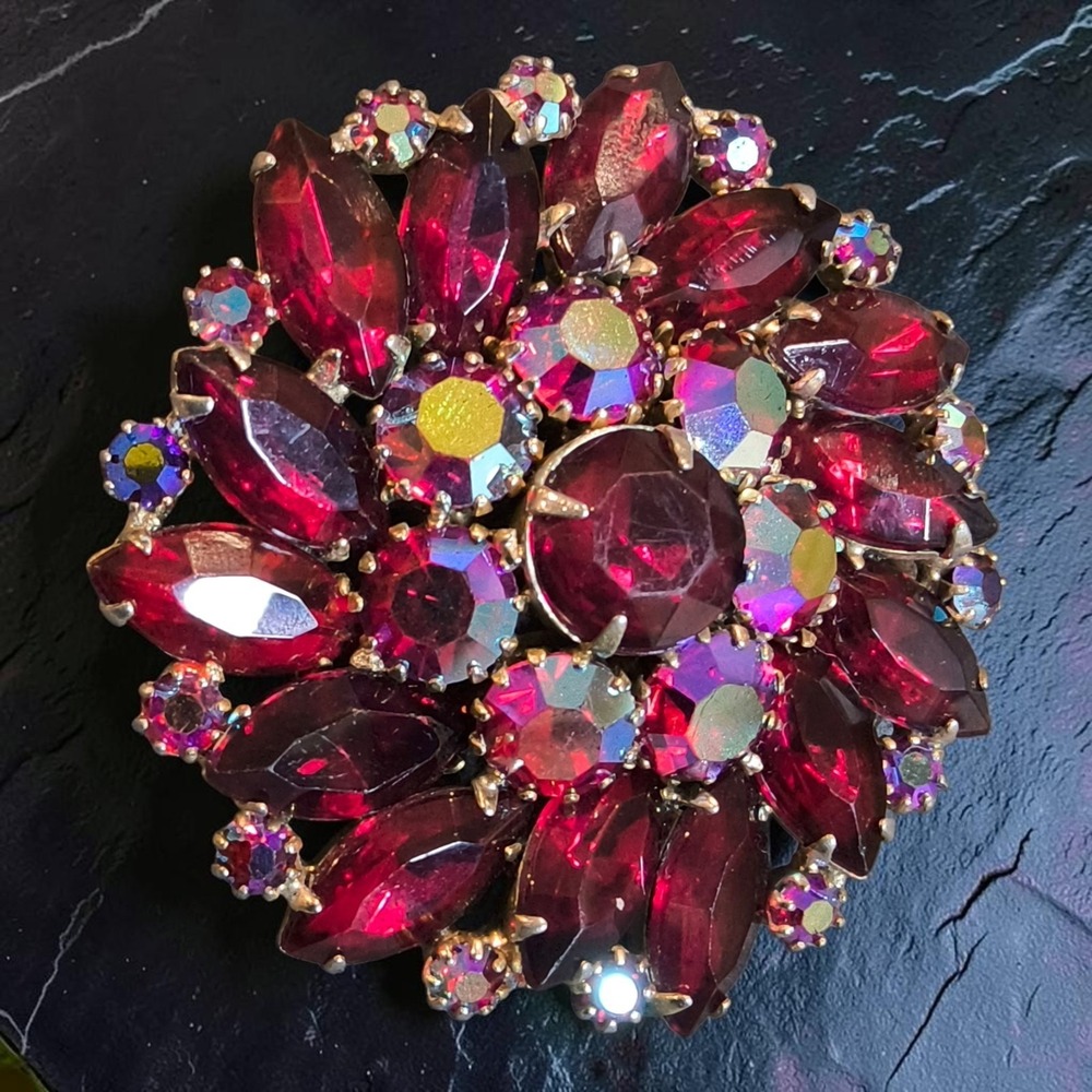 Vintage Weiss Ruby Red AB Rhinestone Floral Brooch Signed